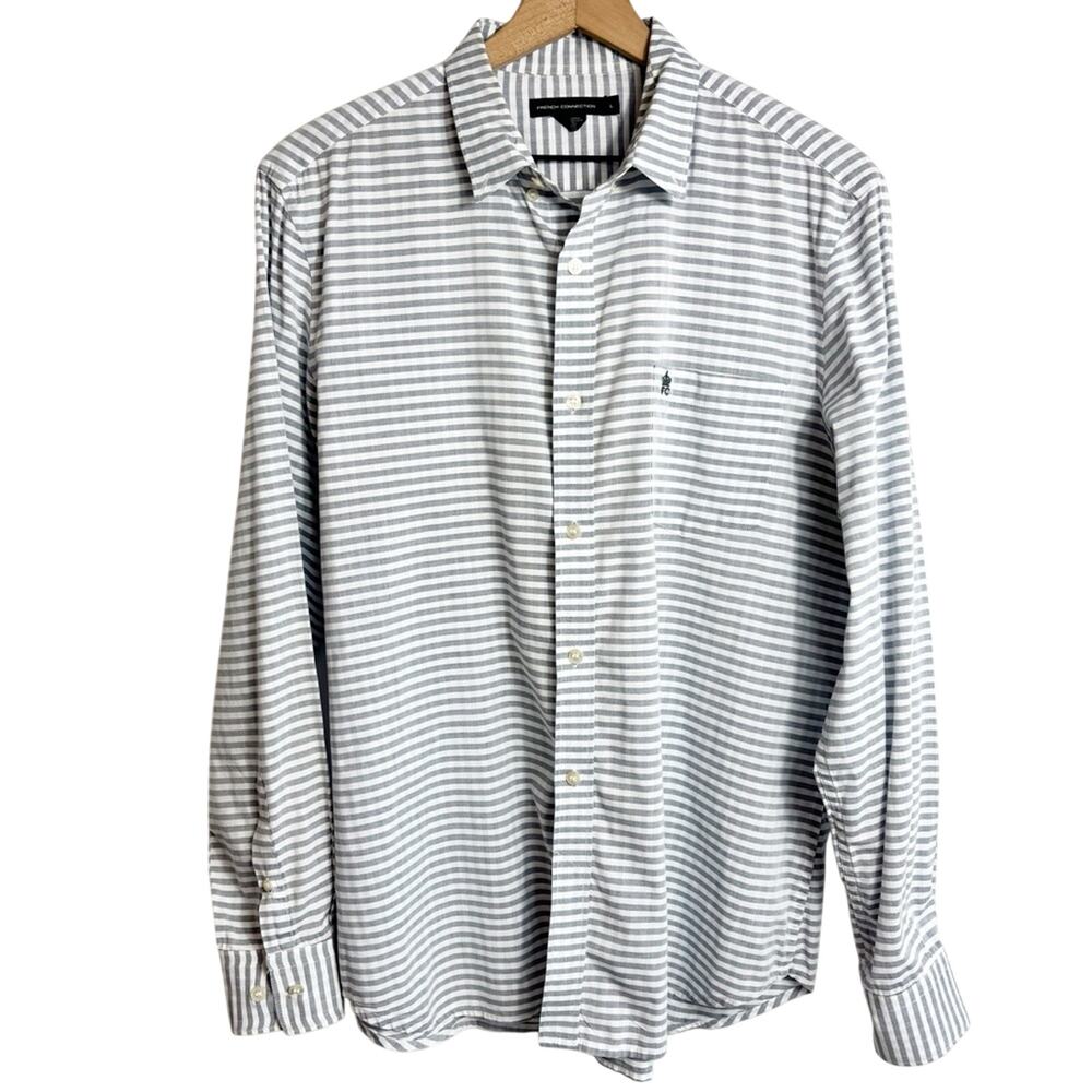 FRENCH CONNECTION MEN BUTTON DOWN LARGE GREY WHITE DRESS SHIRT 100% COTTON